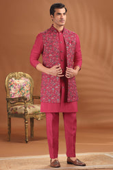 Rani Pink Silk Embroidered Jacket Kurta Set